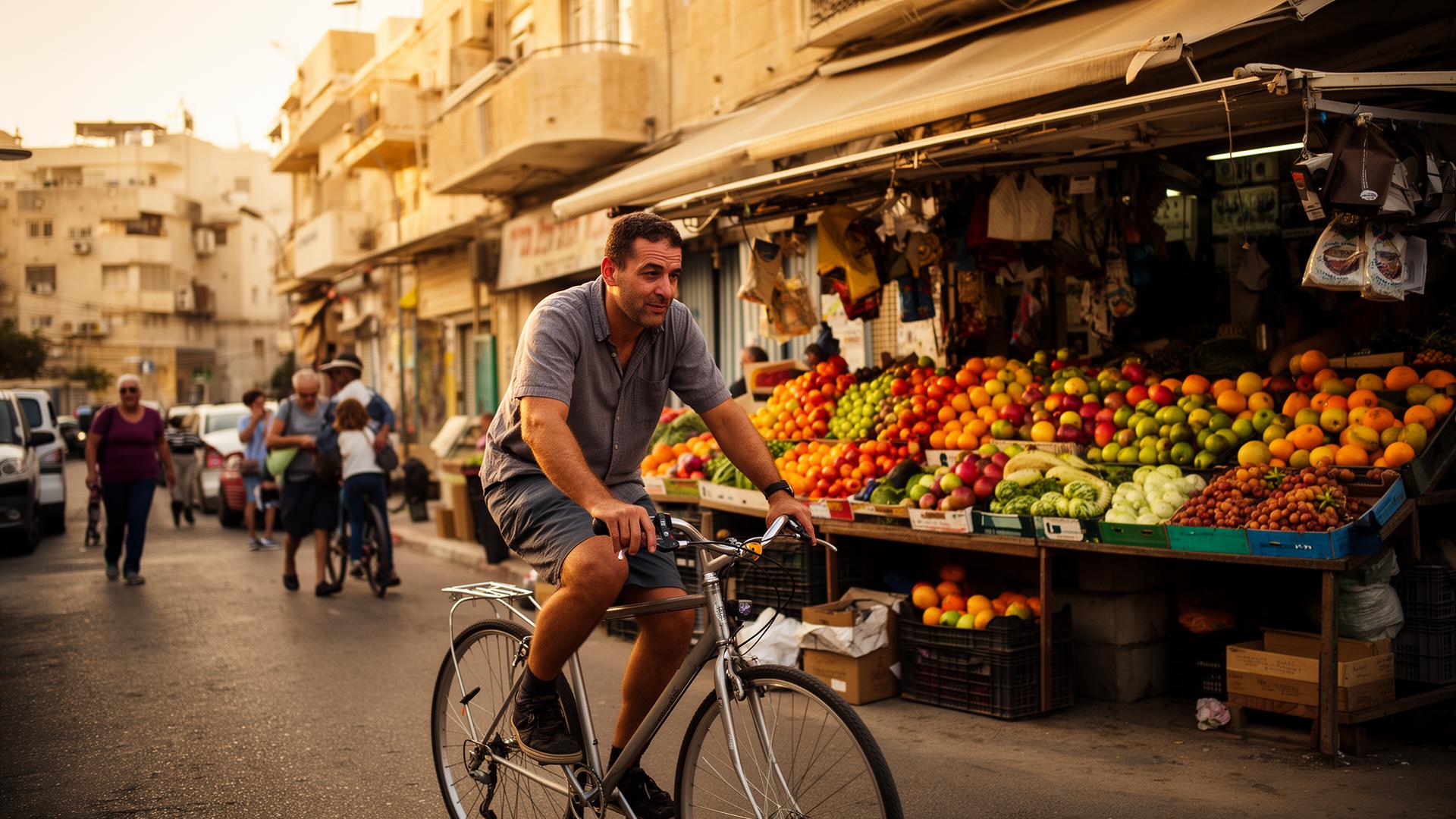 Un cycliste local passant devant un marché de fruits à Tel-Aviv